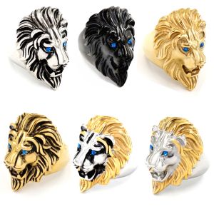 Nuevos anillos góticos de León para hombre, azul, dorado, negro, de alta calidad, 14 dorados, Punk, joyería de leones