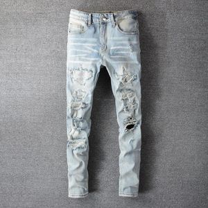 Nouveaux hommes Jeans européen Jean Hombre lettre étoile hommes maigre broderie Patchwork déchiré hommes tendance marque moto pantalon Kwe