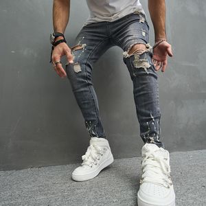 Jean Skinny pour hommes, pantalon en Denim, à la mode, décontracté, Slim, motard, trou au genou, hiphop, déchiré, délavé, en détresse