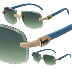 Nuevo Juego de diamantes micropavimentado Gafas de sol sin montura Azul Madera Metal Lujo Gafas de sol redondas de gran tamaño Marco masculino y femenino Lente de oro de 18 quilates UV400 Lentes Tamaño: 60