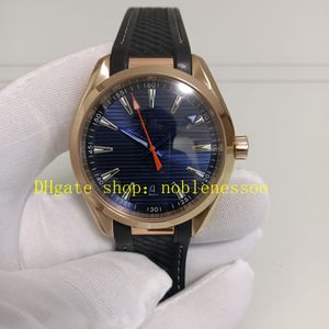 Real Photo Men's Automatic Watch Mens Rose Gold 150m Date de cadran bleu Sport Sport Bracelet en caoutchouc Men de montres mécaniques