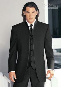 Tuxedos de marié à col montant noir, plus populaire, costumes de mariage pour hommes, vêtements de bal (veste + pantalon + gilet + cravate) 70
