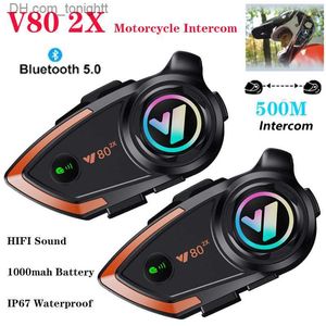 Nouveau casque de moto Interphone Bluetooth casque V80 2X BT5.0 500M Interphone communicateur pour 2 coureurs 1000mah IP67 étanche Q230830