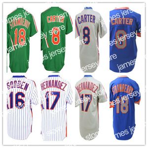 Nueva NewYork Vintage Jersey Béisbol Gary Carter Dwight Gooden Darryl Strawberry Keith Hernandez Blanco Rayas Azul Gris Verde Jersey Camisa