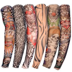 Nuevo nailon elástico falso tatuaje temporal manga diseños cuerpo brazo medias Tatoo para hombres geniales mujeres