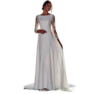 Nouveau modèle Robes De Novia Jewel cou dentelle corsage appliqué jupe en satin modeste manches longues robes de mariée robes de mariée 02