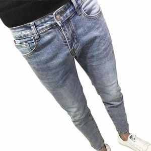 Nueva tela vaquera pulida, pantalones vaqueros rasgados para hombres coreanos Fi, pantalones vaqueros ajustados de tela, pantalones cortos Vintage azules con estilo 300G #