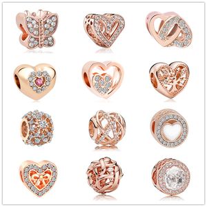 Nuevo Popular Plata de Ley 925 Oro rosa europeo / Blanco Pave Heart Home Tree Beads Adecuado para la pulsera original Pandora Charm DIY Fabricación de accesorios de joyería