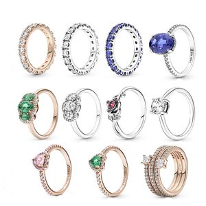 Nouveau populaire 925 Sterling Silver Pandora Rose Gold Christmas Ring Green Blue Jewel Ring Convient à la production d'accessoires de mode de bijoux pour femmes
