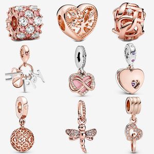 New Popular 925 Sterling Silver Rose Gold Heart Pendant Braided Beads for Pandora Charm Bracelet DIY Jewelry