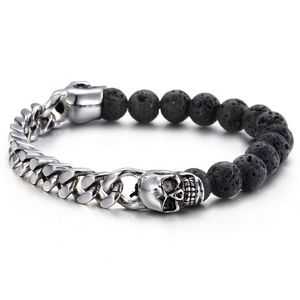 Nuevo Punk Gold Silver Dubai Biker Link Chain Skull Head Pulseras Gothic Lava Beads Pulseras de bicicleta de acero inoxidable para hombres Cool Jewelry Accesorio de regalo