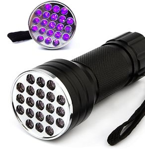 NUEVO Púrpura 395nm 21 LED UV Ultravioleta Linterna Antorcha Lámpara de luz Mini portátil de aluminio Flash Light para caza al aire libre camping