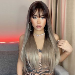 Nouveau Qi frappe gradient gris long raide cheveux chimique Fibre à haute température Wire Wigs casque