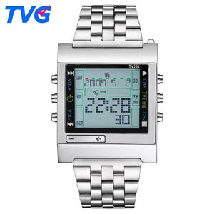 Nouveau rectangle TVG télécommande numérique Sport montre alarme TV DVD à distance hommes et dames en acier inoxydable montre-bracelet 228e