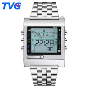 Nuevo rectángulo TVG Control remoto reloj deportivo Digital alarma TV DVD remoto hombres y mujeres reloj de pulsera de acero inoxidable 215b