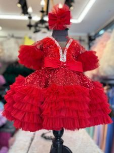 Nouvelles robes de filles de fleurs rouges pour les mariages en dentelle en dentelle perles backless princesse enfants robes de fête d'anniversaire de mariage pour filles bling tulle