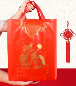 Bolsa de plástico roja con asa Favor del banquete de boda Bolsas de regalo de papel Bolsa de viento chino Suministros Precio al por mayor de alta calidad