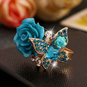 Anillo de rosa, diamantes de imitación brillantes, anillos de mariposa, aleación Retro Bohemia con cubo de cristal, 6 colores, flor brillante, joyería para mujer