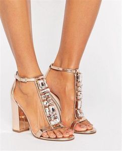 New Rose Women Design Open Toe Gold Rhingestone Chunky Sangle Crystal Crystal Sandales à talons hauts épais Robe 61