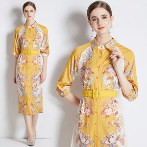 2023 camisas florales cuello vestido hasta la rodilla mujeres diseñador de pasarela moda manga larga delgado elegante vestidos de fiesta impresos otoño invierno oficina damas vestidos de pasarela