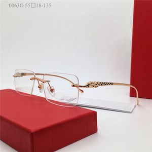 Nouvelle vente claire petite lentille carrée monture sans monture branches en métal animal lunettes optiques hommes et femmes style d'affaires lunettes modèle 0063O