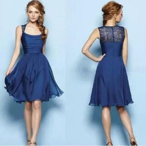 Nuevo Simple Barato Royal Blue Scoop Sin mangas Imperio Una línea Hasta la rodilla Gasa Vestidos de dama de honor Vestidos de noche Vestido de fiesta por encargo