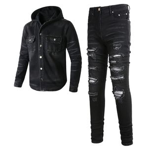 2023 Survêtements Punk Street Men's Black 2pcs Jeans Ensembles Printemps Veste en jean à capuche et pantalon stretch déchiré Patch Vintage Vêtements pour hommes