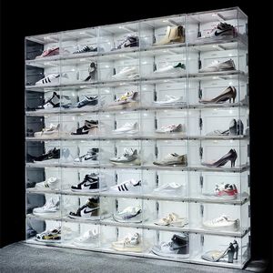Caja de zapatos transparente con luz LED y Control de sonido, almacenamiento de zapatillas, organizador antioxidante, pantalla de colección de pared de zapatos