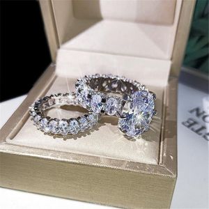 Nouveau étincelant offre spéciale bijoux de luxe Couple anneaux grand ovale coupe topaze blanche CZ diamant pierres précieuses femmes mariage bague de mariée ensemble cadeau