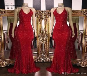 Nuevos vestidos de graduación de lentejuelas rojas brillantes Mermaid Long Prom Gowns Back Back Back Arabic Party Dress BC10859277510