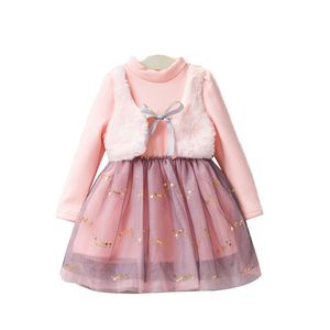 Nueva ropa de primavera para niños, vestido de manga larga con cuello alto para niñas, vestido de princesa, vestido de baile con lentejuelas para 2-6 años Q0716