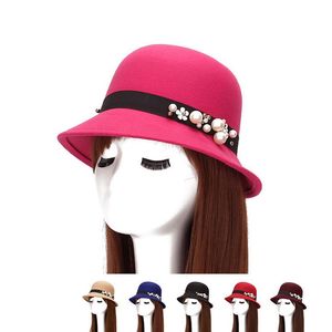 Nuevos sombreros de copa de lana para primavera e invierno para mujer, sombrero de cubo con flores de perlas a la moda para mujer, sombreros de ala tacaños para mujer, gorra de cúpula GH-48308z