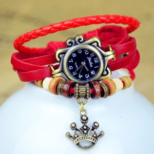 Moda Estatua de la libertad corona Colgante Relojes decorados Banda de cuerda de tejido vintage Cuentas de colores Reloj de movimiento de cuarzo retro para mujer