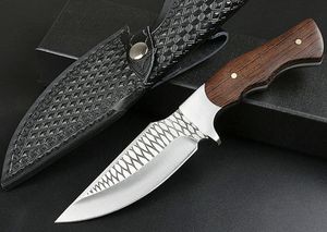 Nuevo cuchillo de caza recto 3Cr13Mov Punto de caída Satén + Hoja de diseño láser Cuchillos con mango de palisandro Tang completo con Funda de cuero
