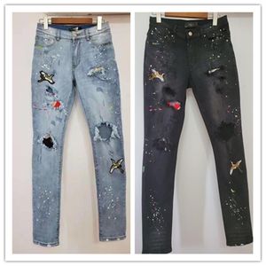 Nuevo estilo 20SS Diseñador de hombres Amjeans Crane Pantalones Vintage Moda Moda Pintura en aerosol Hip Hop Jeans delgada Tamaño 2836232L
