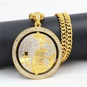 Nouveau Style De Mode Hommes Bijoux Globe Rotatif Bling Strass Fitness Pendentif Cristal Collier Vintage Or Hip Hop Hommes Femmes Cadeau