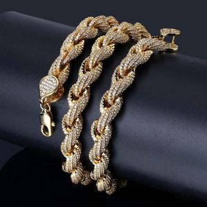 Nuevo estilo chapado en oro completo CZ Cubic Zirconia cuerda collar de cadena 8 mm lleno de diamantes plata Hip Hop Punk Rock joyería regalos para chicos 173G