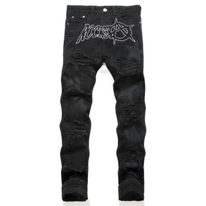 Nouveau Style Punk Style trou noir Patch brodé élastique gratuit coupe ample hommes Jeans Chine haute qualité 3451 taille 29-38