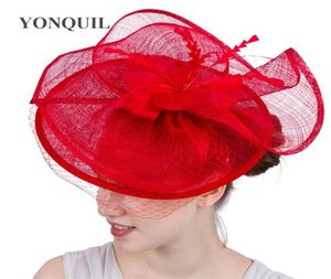 Nouveau style rouge casque de mariage sinamay kentucky derby royal ascot fascinator chapeaux accessoires de cheveux de mode bandeaux de fête SYF1114754094