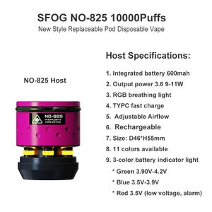 Nouveau style SFOG NO-825 hôte remplaçable pod e cigarette 600 mah batterie intégrée rechargeable avec lumière RGB grand stylo à vapeur