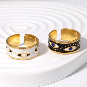 Nueva moda, anillos esmaltados de mal de ojo de oro blanco de 14K para mujeres y niñas, anillo abierto de estilo popular de Color dorado, regalos de joyería para fiesta y boda
