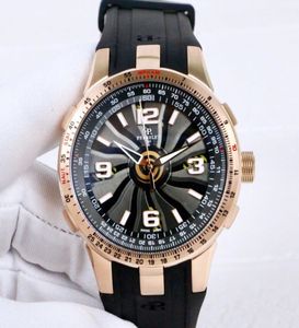 NOUVEAU TURBINE pilote A10851 Rose Gold Case Titanium Calan Titanium Mens Watch TachymEter Scale apparaît en caoutchouc noir HE3287610