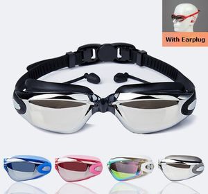 Nuevo Unisex Galvanoplastia Anti-niebla UV Natación Gafas de buceo Más colores Silicona Profesional Miopía Gafas de natación Tapón para los oídos