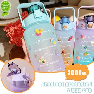 New Water Bottle 2 liters Large-capacity Stickers Drinking Bottle Outdoor Sports Leak-proof Frosted Cup With Time Marker Drinkware
