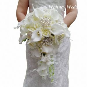 Nouvelle cascade Ivory Cascading FRS Calla Bouquet Bouquets Artificial Pearls Crystal Wedding Bouquet Bouquet de Mariage Rose B0SG #