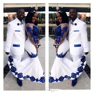 Blanco Satin Royal Blue Lace ASO EBI Africano Vestidos de fiesta de ilusión larga Mangas de ilusión Aplique Noche Vestidos formales Pago Celebrity Dress