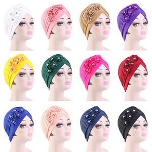 Nouvelles femmes strass fleur tête Wrap Nigeria fête de mariage casquette plissée bonnet musulman islamique élastique à volants Turban chimio casquette