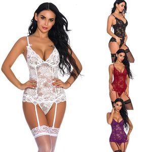 Nueva ropa de dormir para mujer Lencería con tirantes Encaje y lencería de malla Sexy Floral Sheer Lace-up Back Teddy Body Rojo Blanco Nupcial Liga S-XXL Negro Púrpura