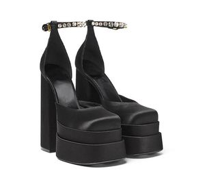 Nuevas sandalias de mujer, zapatos de verano, zapatos sexis de tacón alto y grueso con plataforma en negro, rojo y amarillo, zapatos de fiesta para boda, zapatos de tacón para mujer