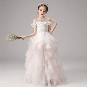 Vestidos de flores de rosa de Año Nuevo para boda con mangas de la gorra de hombro Tutu Lace First Holy Communion Kids Prom Dress Girls Gowns 403